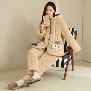 可外穿冬季棉袄三层珊瑚绒夹棉睡衣女款前扣连帽棉衣棉裤加厚套装