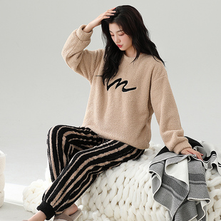 【加长版】加厚半边绒秋冬季睡衣女款加大码长袖长裤家居服可外穿