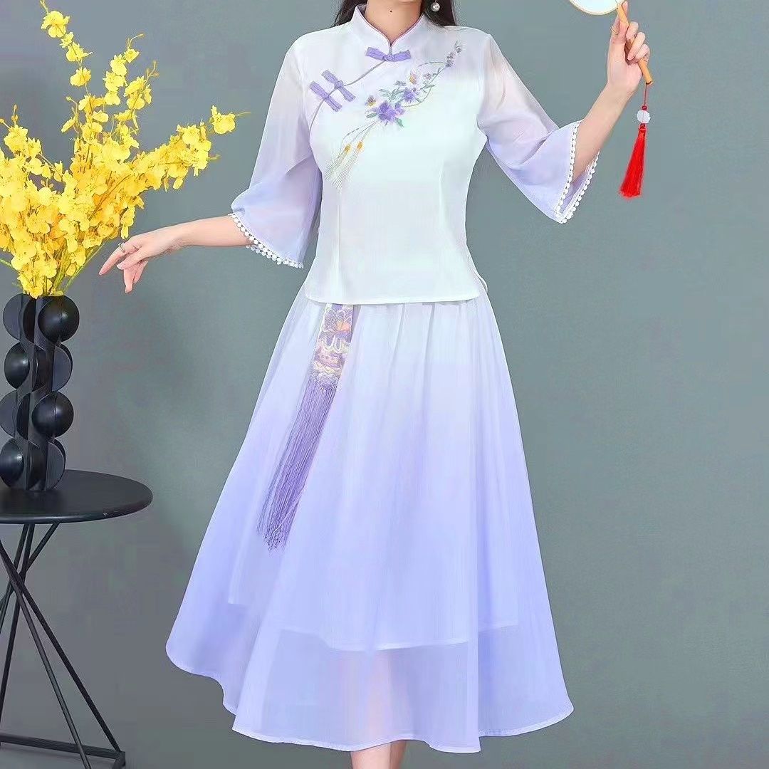 中式汉服夏季两件套裙刺绣茶艺服