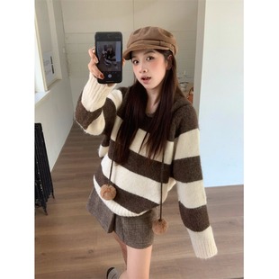 慵懒松弛感毛线衣连帽条纹毛衣女秋冬2025新款 上衣 宽松休闲针织衫