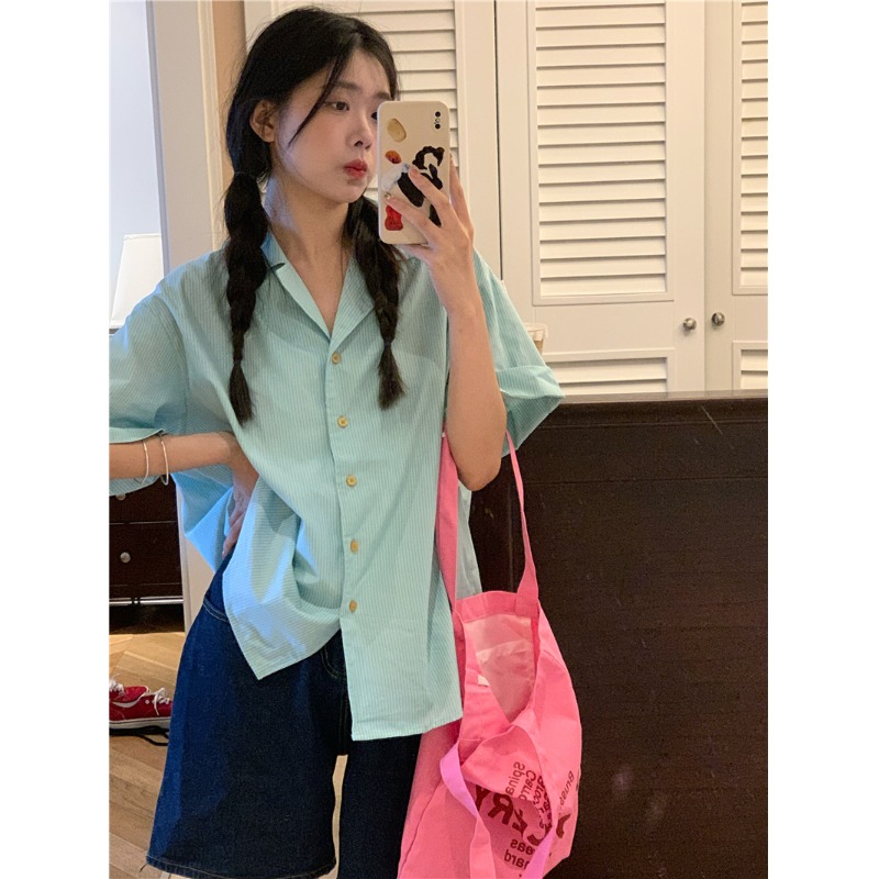 慵懒风薄荷绿色短袖衬衫2025新款女小个子夏季休闲宽松衬衣上衣