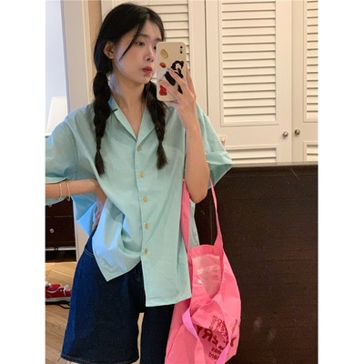 慵懒风薄荷绿色短袖衬衫2026新款女小个子夏季休闲宽松衬衣上衣