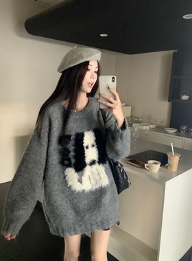 慵懒高级加厚灰色毛衣女秋冬新款小众设计宽松套头韩系针织衫上衣