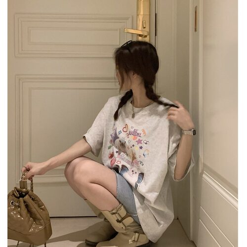 美式纯棉短袖T恤女夏季宽松圆领