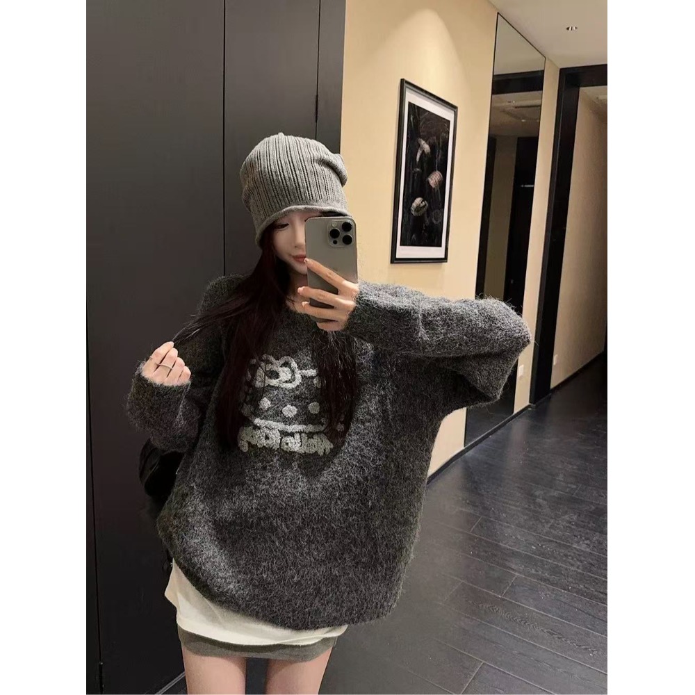 卡通提花软糯圆领套头毛衣女秋冬慵懒宽松加厚复古灰色针织衫上衣