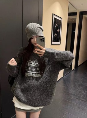 卡通提花软糯圆领套头毛衣女秋冬慵懒宽松加厚复古灰色针织衫上衣