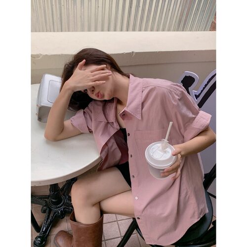 中长款慵懒风短袖衬衫女装夏季宽松休闲开衫衬衣外套法式韩系上衣
