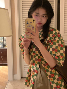 痞帅开衫外搭格子衬衫女款夏季短袖休闲衬衣复古港味小众宽松上衣