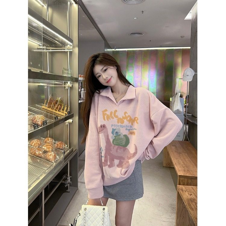 美式无帽灰色早秋季卫衣女2025新款宽松慵懒休闲薄款翻领粉色上衣,女装/女士精品,卫衣/绒衫,淘宝优惠券,粉丝福利购,淘宝优惠卷