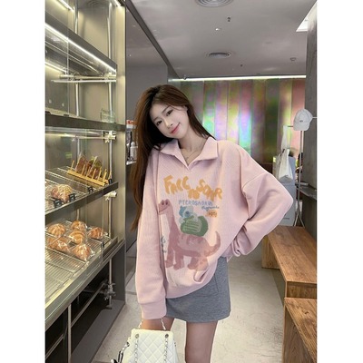 美式无帽灰色早秋季卫衣女2025新款宽松慵懒休闲薄款翻领粉色上衣