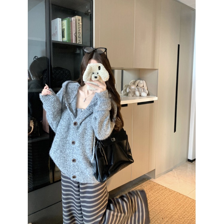 慵懒高级感灰色连帽毛衣外套女秋冬2025新款宽松百搭针织开衫上衣