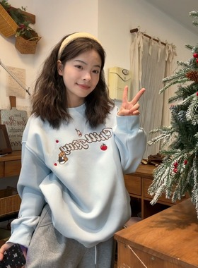 可爱卡通刺绣加绒加厚蓝色圆领卫衣女秋冬季宽松慵懒韩系休闲上衣
