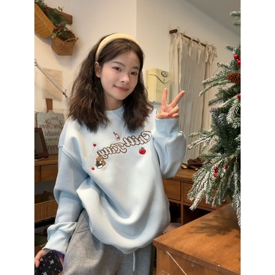 可爱卡通刺绣加绒加厚蓝色圆领卫衣女秋冬季宽松慵懒韩系休闲上衣