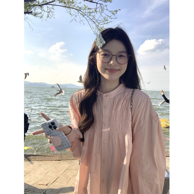 韩系甜美粉色打揽蝴蝶结刺绣衬衫女春季宽松休闲慵懒气质衬衣上衣