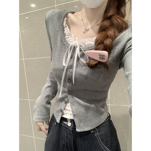 宽松修身短款灰色假两件长袖T恤女早秋新款拼接蕾丝韩系打底上衣
