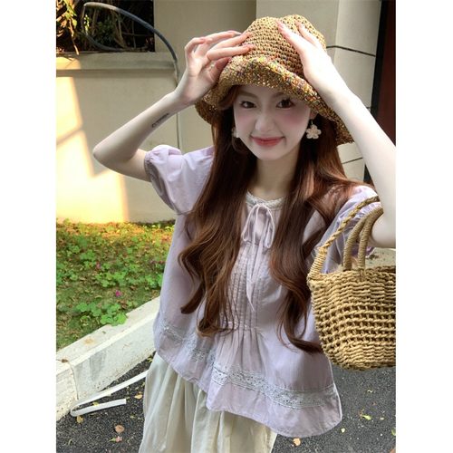 法式气质宽松短袖衬衫女夏款设计感小众蕾丝拼接泡泡袖娃娃衫上衣