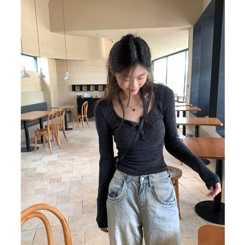 修身长袖针织衫女早秋新款高级感内搭显瘦气质U领短款打底上衣