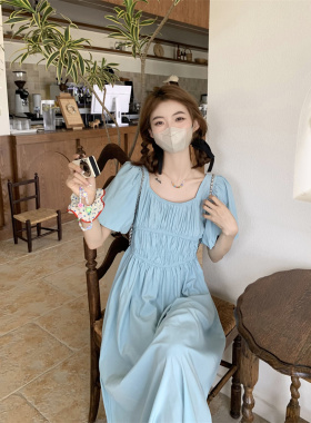显瘦方领气质连衣裙女夏季宽松休闲收腰法式高级感韩系蓝色长裙子