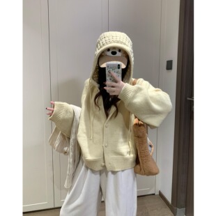 慵懒温柔风韩系连帽加厚毛衣外套女秋冬宽松休闲百搭针织开衫上衣