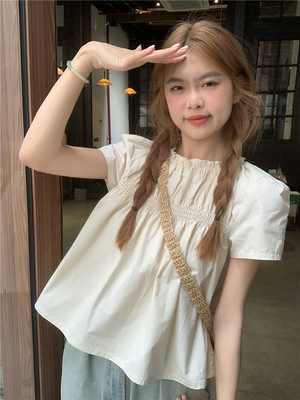 甜美法式小衫女夏季薄款宽松短袖衬衫宽松夏装韩系娃娃衫短款上衣