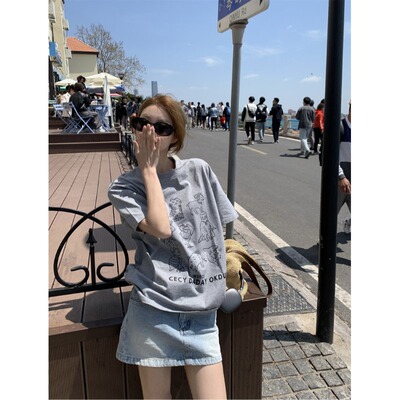 卡通印花夏季短袖t恤女2024新款显瘦宽松韩版休闲慵懒风灰色上衣