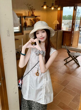 法式高级肌理感木耳边白色无袖衬衫上衣女夏季宽松花朵休闲裤套装