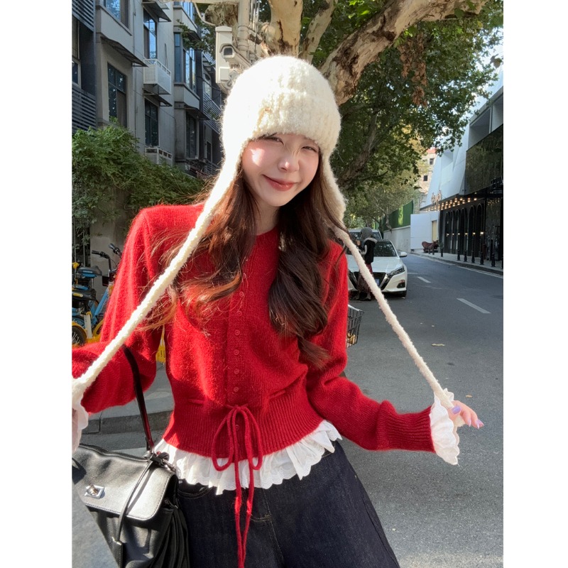 拼接荷叶边收腰显瘦毛衣女秋冬韩系慵懒风高级感红色针织衫上衣
