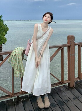 气质打底连衣裙女夏高级感温柔风白色无袖背心裙海边度假内搭长裙