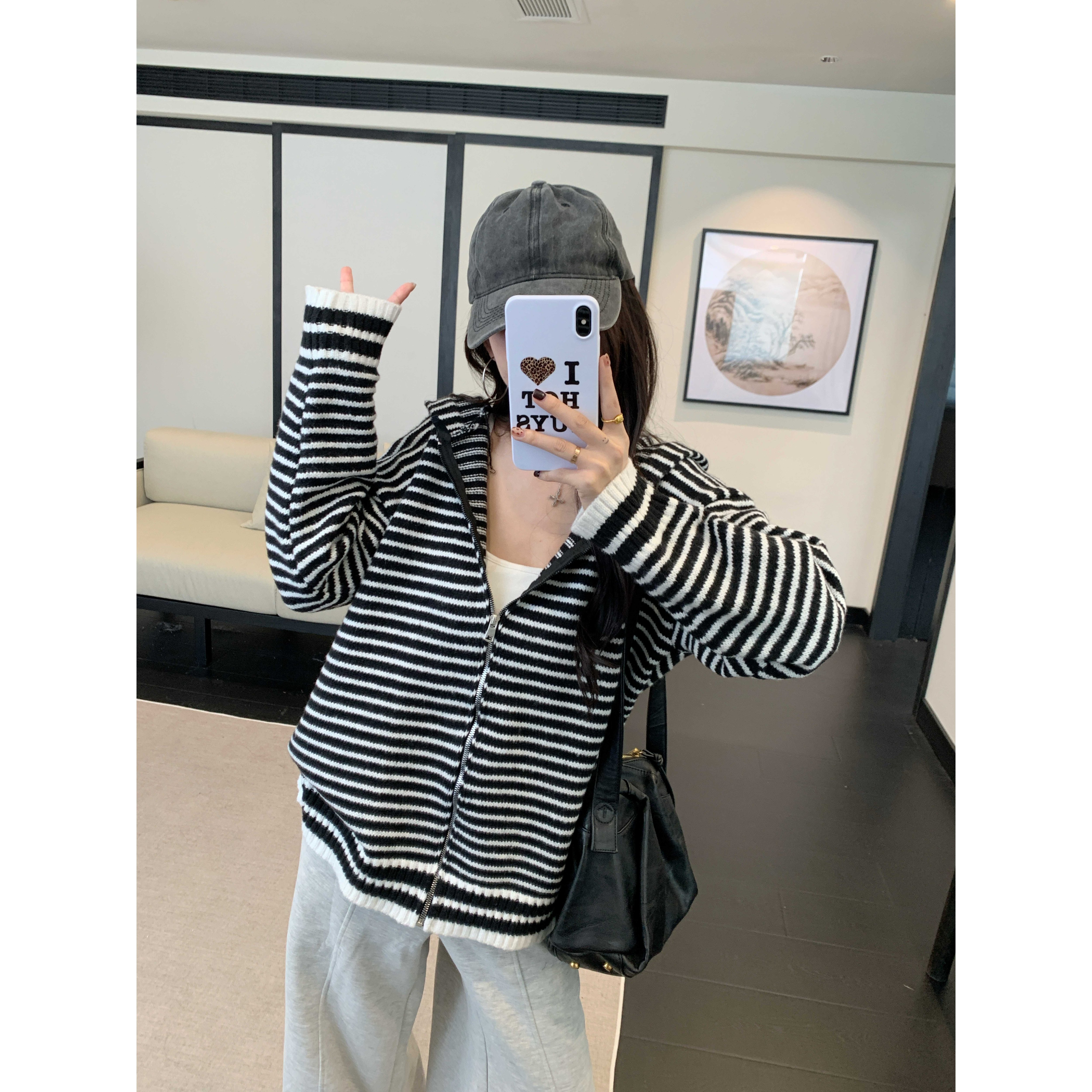 条纹拉链加厚毛衣外套女2025秋冬韩系宽松慵懒风软糯针织开衫上衣