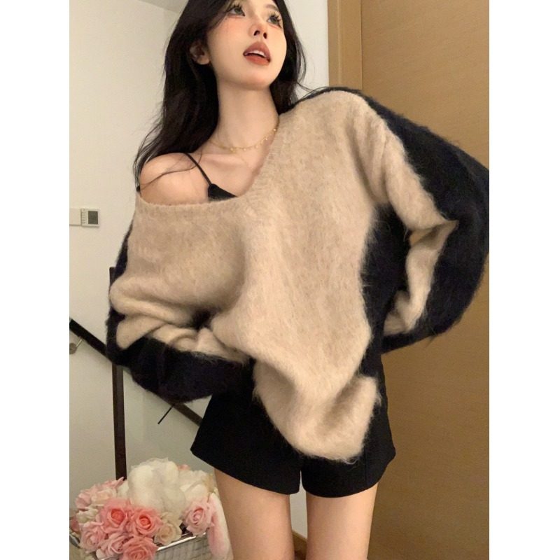 韩系慵懒风毛衣女秋冬设计感拼接撞色宽松韩系V领套头针织衫上衣,女装/女士精品,毛衣,淘宝优惠券,粉丝福利购,淘宝优惠卷