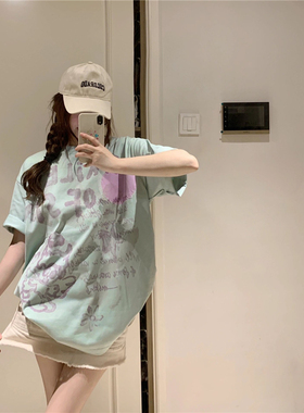 宽松纯棉短袖t恤女2026新款夏季慵懒松弛休闲半袖韩系绿色上衣