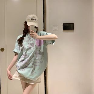 慵懒松弛休闲半袖 夏季 韩系绿色上衣 t恤女2025新款 宽松纯棉短袖