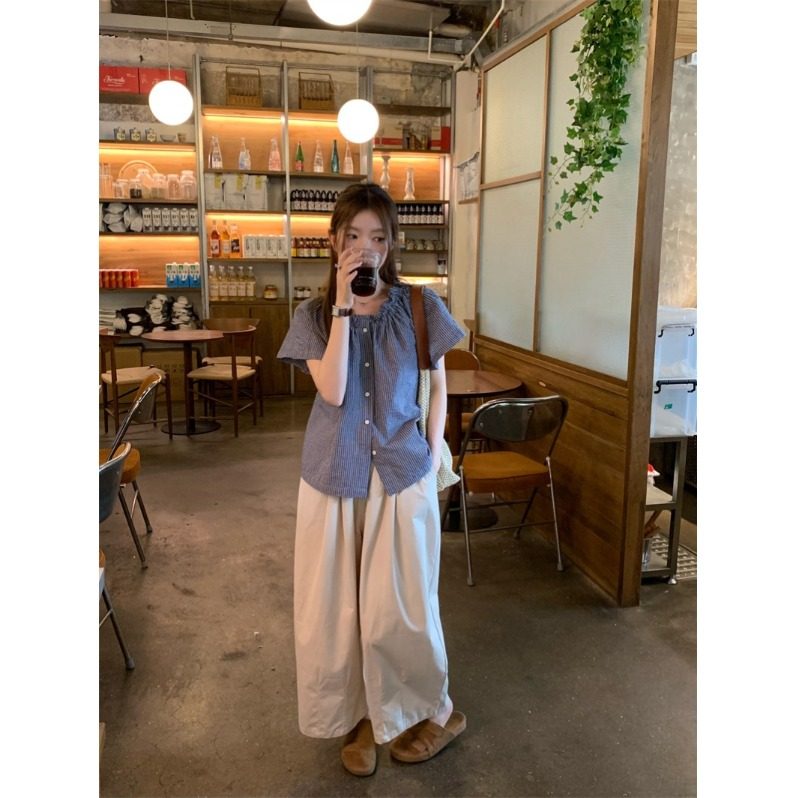 法式复古韩系蓝色条纹短袖衬衫女夏季休闲气质宽松慵懒衬衣上衣