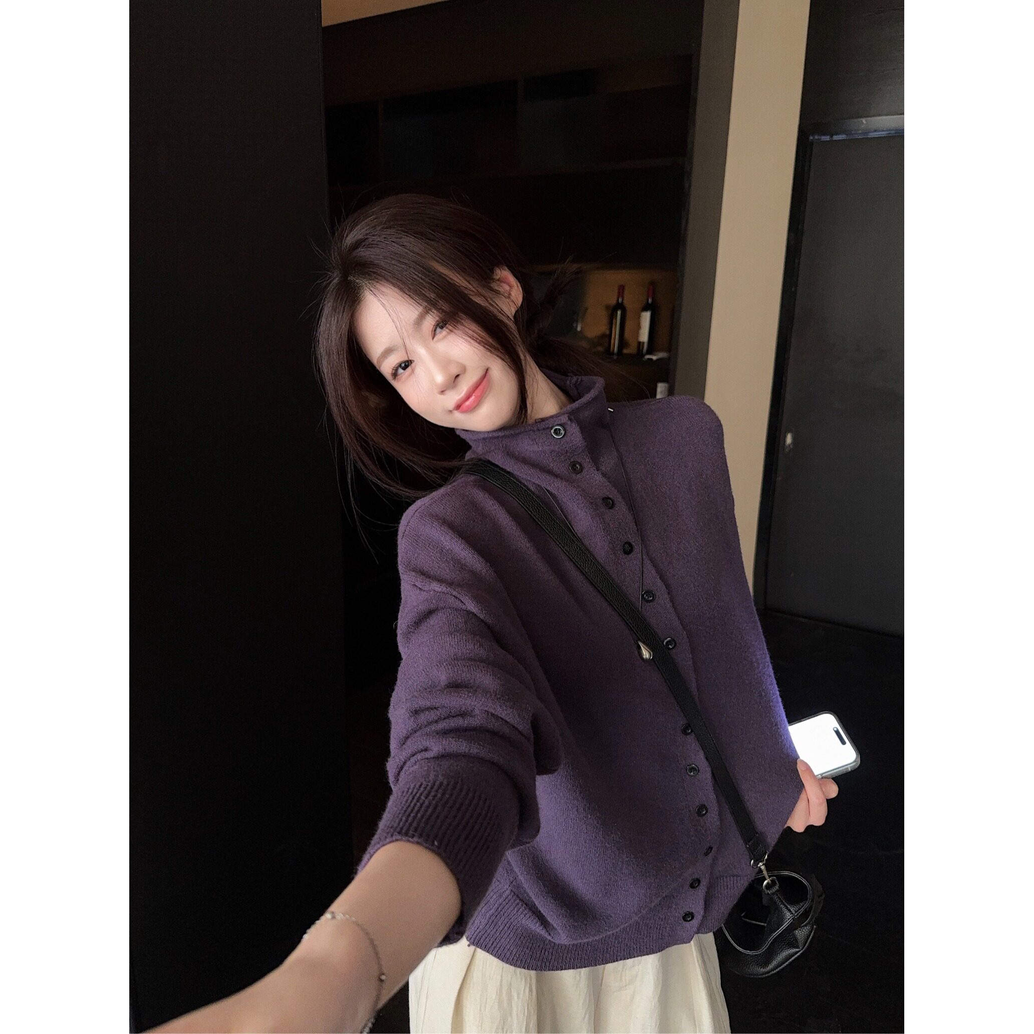 高级气质高领紫色针织开衫上衣女早秋季新款宽松慵懒内搭打底毛衣