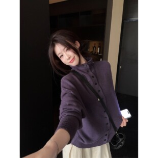 高级气质高领紫色针织开衫上衣女早秋季新款宽松慵懒内搭打底毛衣
