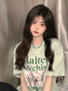 宽松半袖 夏季 体恤休闲圆领别致绿色上衣 t恤女2025新款 纯棉短袖