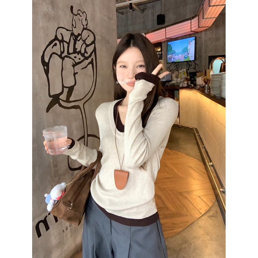 慵懒高级假两件V领气质针织衫女2025新款早秋chic别致打底衫上衣