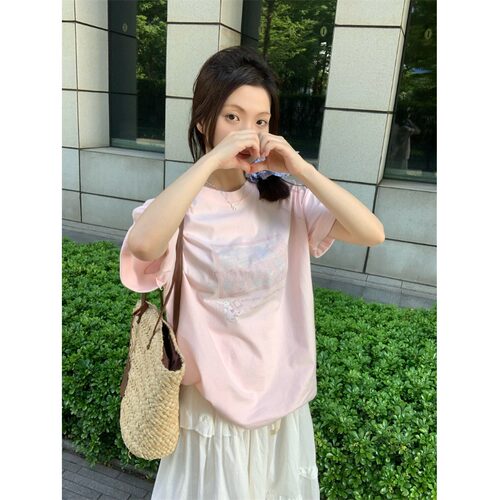 粉色小众韩系印花宽松短袖T恤女夏季2025新款显瘦百搭甜美上衣