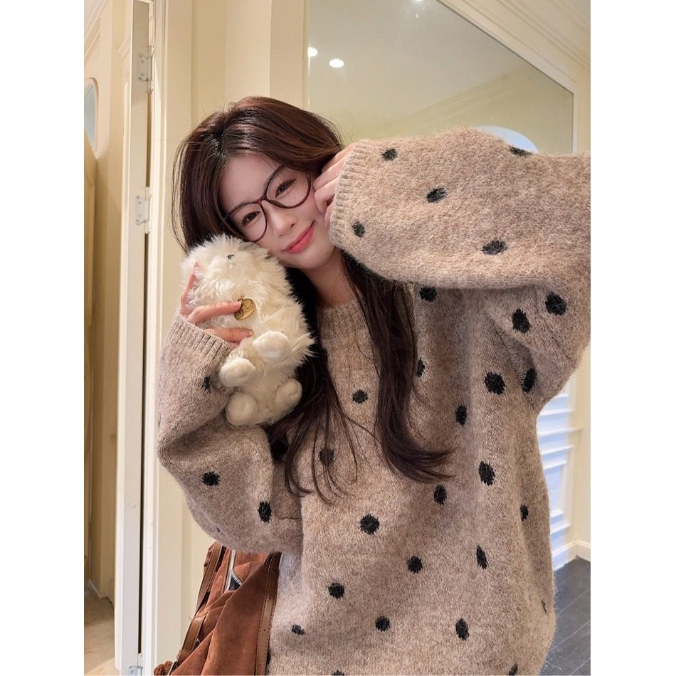 慵懒高级感加厚圆领波点针织毛衣女秋冬宽松甜美韩系百搭休闲上衣,女装/女士精品,毛衣,淘宝优惠券,粉丝福利购,淘宝优惠卷