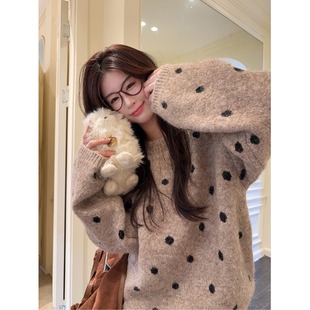 慵懒高级感加厚圆领波点针织毛衣女秋冬宽松甜美韩系百搭休闲上衣