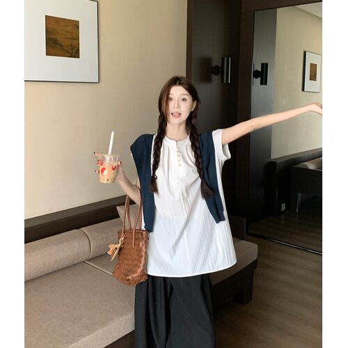法式别致气质宽松短袖衬衫女夏季2026新款休闲慵懒白色衬衣上衣