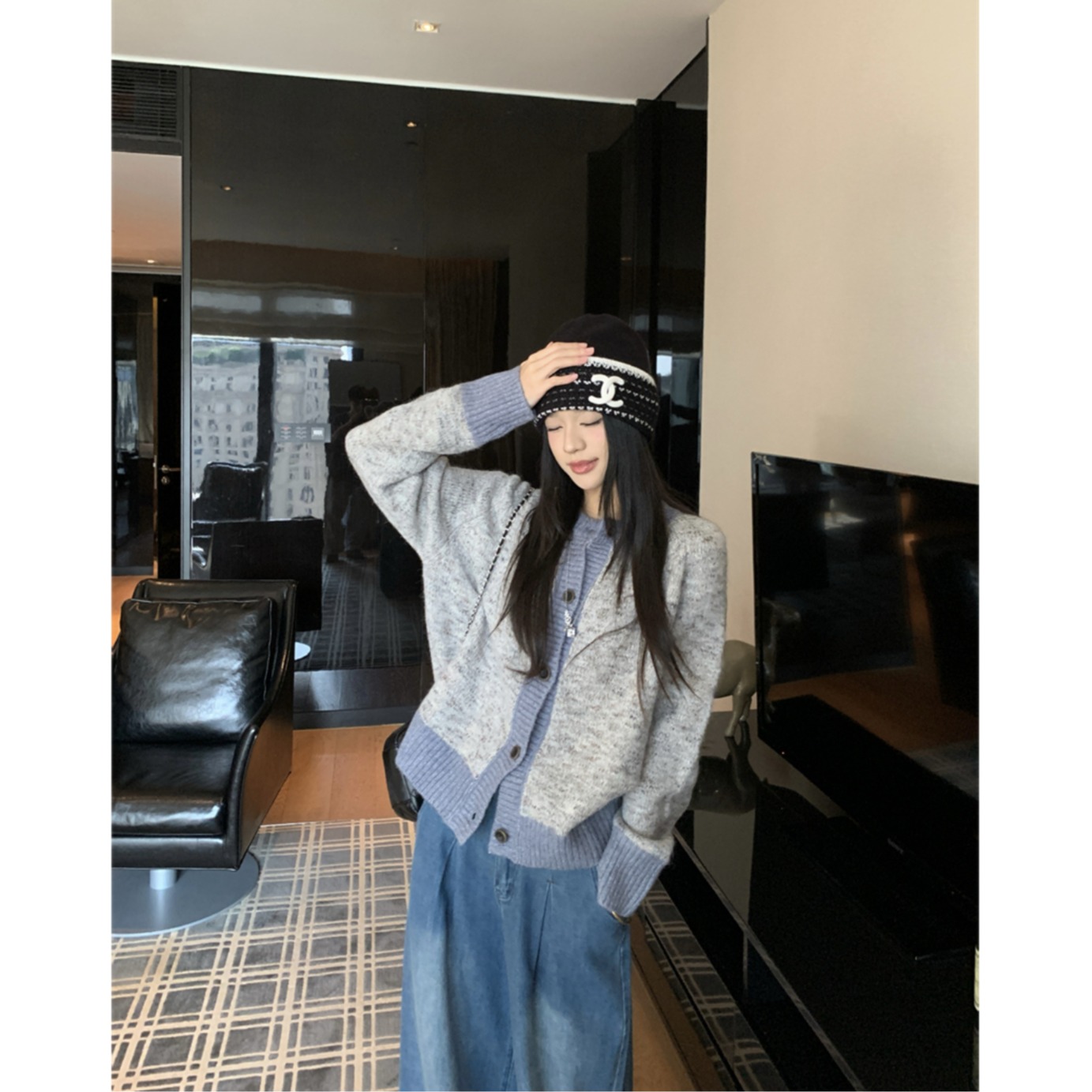 慵懒风宽松毛衣外套女秋冬季2025新款高级感撞色灰色针织开衫上衣