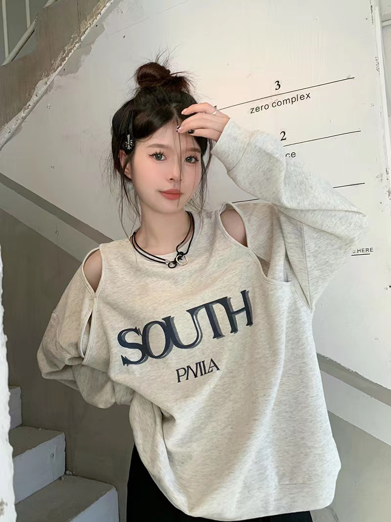 宽松慵懒露肩灰色圆领秋季卫衣