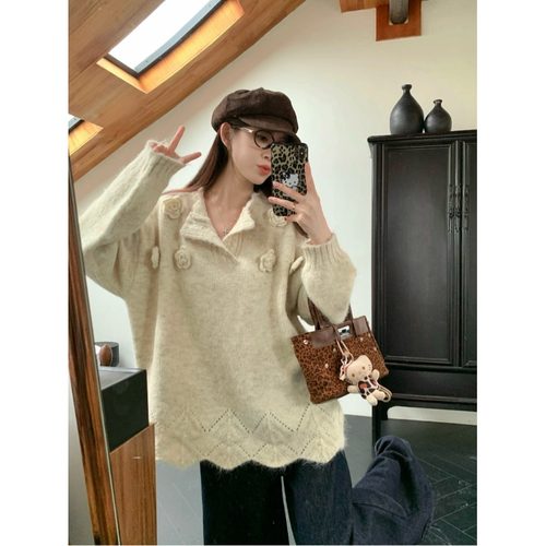 奶fufu慵懒风宽松韩系毛衣秋冬女装上衣立体花朵设计感套头针织衫