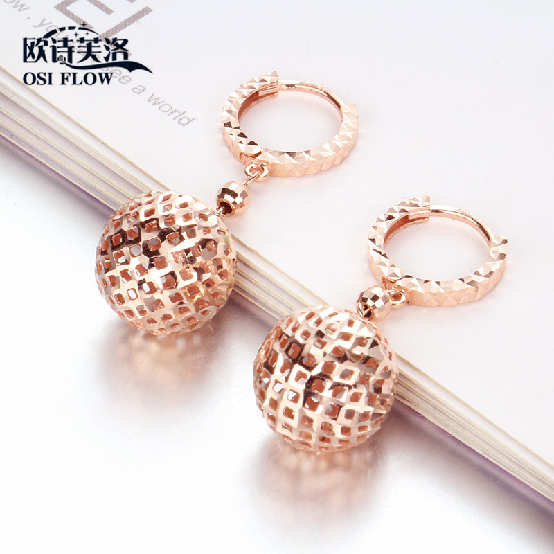 欧诗芙洛正品纯14K金俄罗斯585紫金耳环钉女彩金玫瑰金镂空球坠