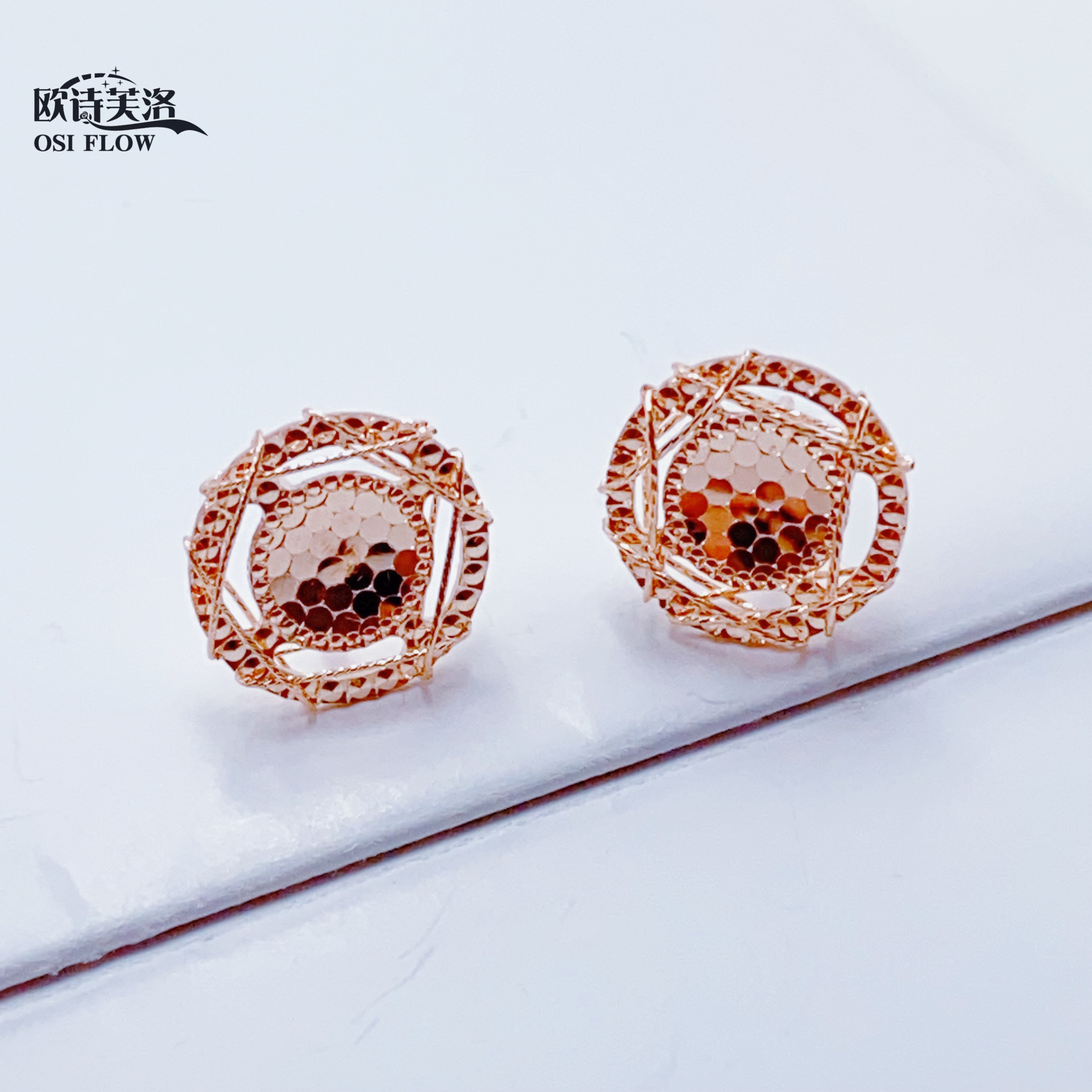 正品俄罗斯14K玫瑰金AU585爆闪拉丝鱼鳞耳钉女新款时尚闪亮紫金