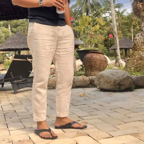意大利外贸 du邦凉感棉麻男士亚麻裤 春夏薄款透气休闲裤松紧长裤