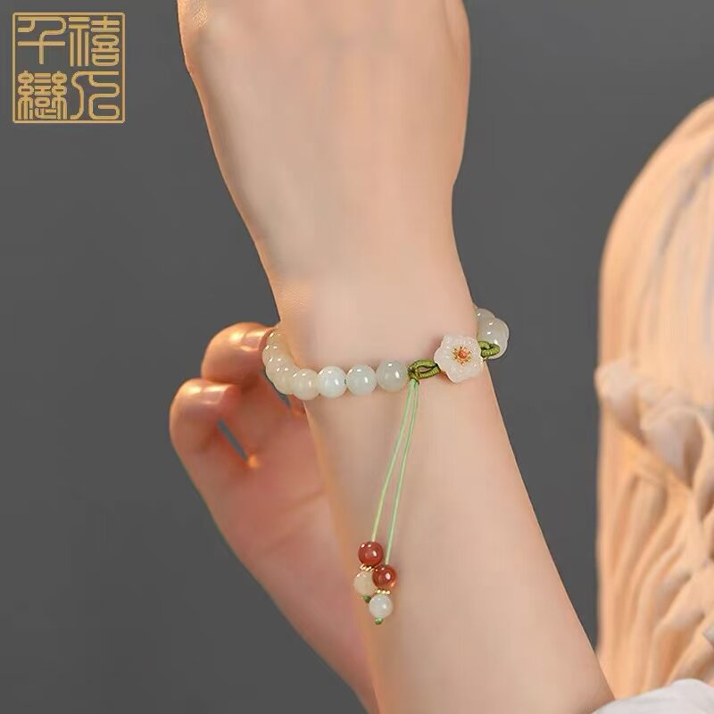 天然和田玉手链海棠花小众设计手链女生手绳高级手饰送手串礼物