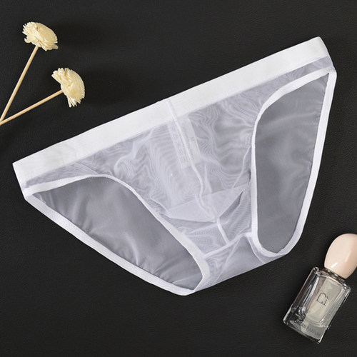 君也男士内裤透视小网眼网纱低腰大码性感诱惑超薄冰丝U凸三角裤