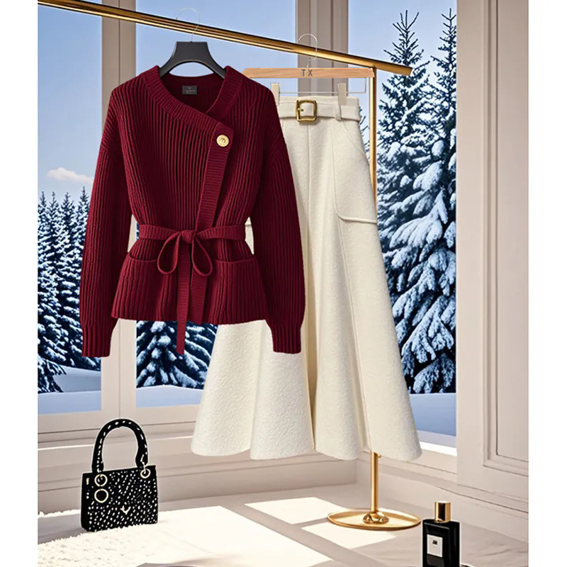 盐系轻熟两件套装女2024秋冬设计感别致显瘦毛衣+高腰遮胯半身裙